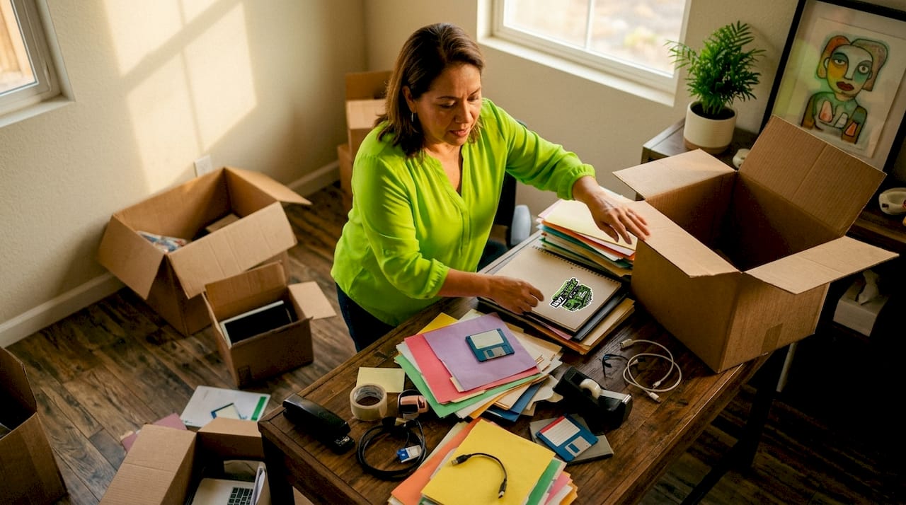Woman sorting office items for junk removal