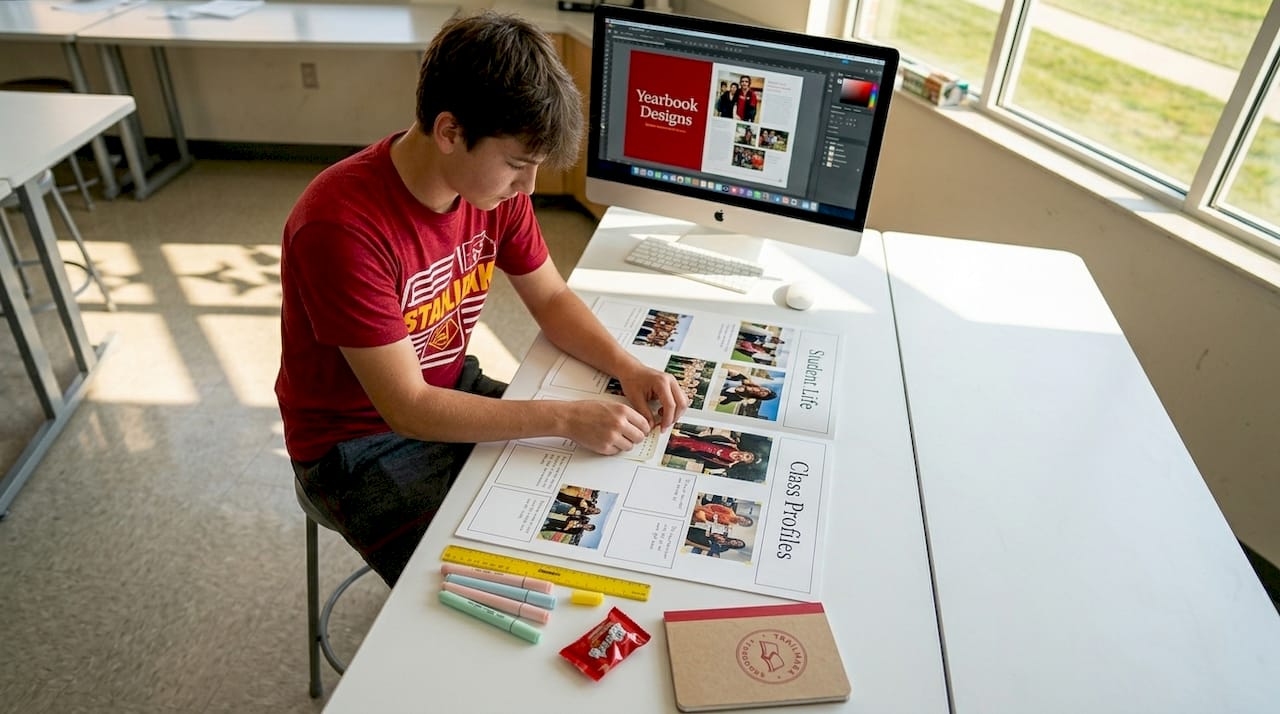 Student arranging modular yearbook elements