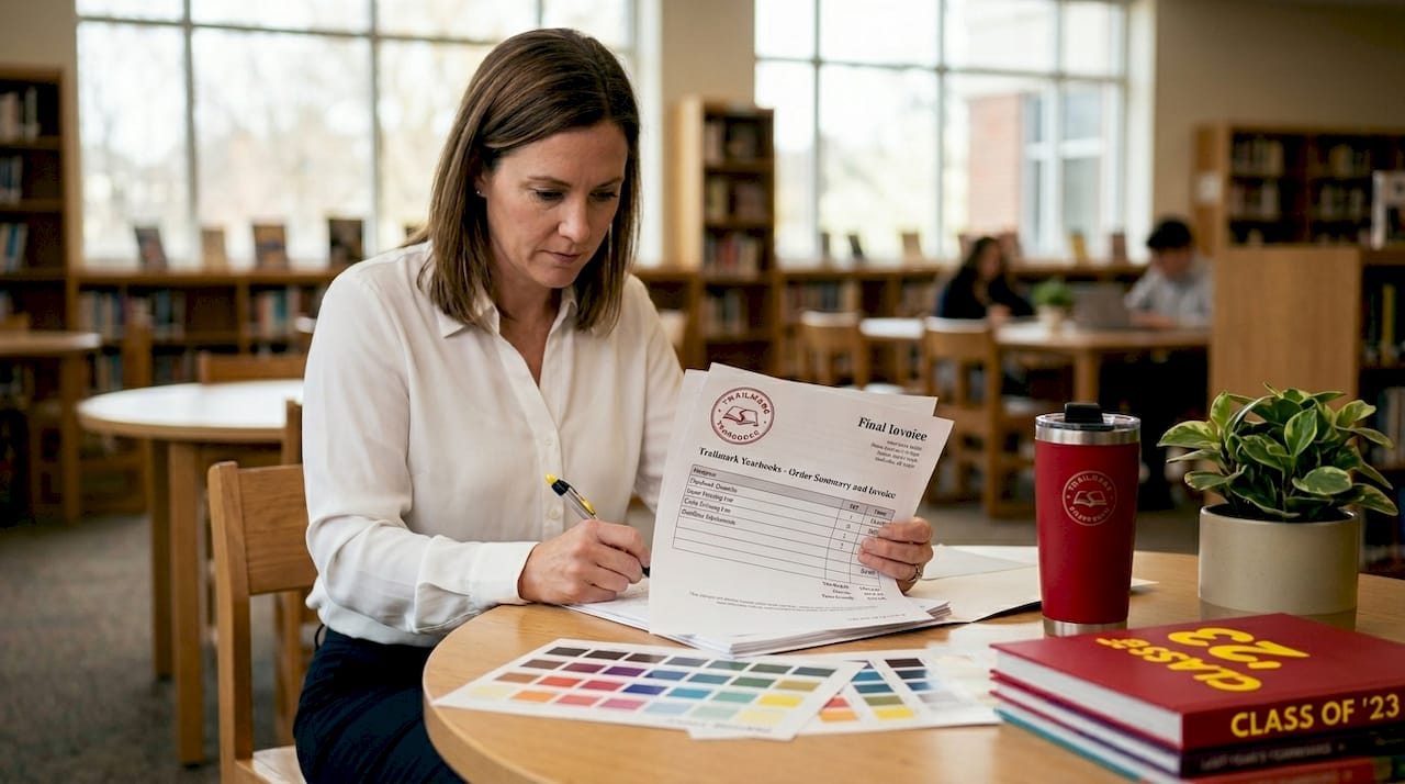Administrator reviewing yearbook printing costs