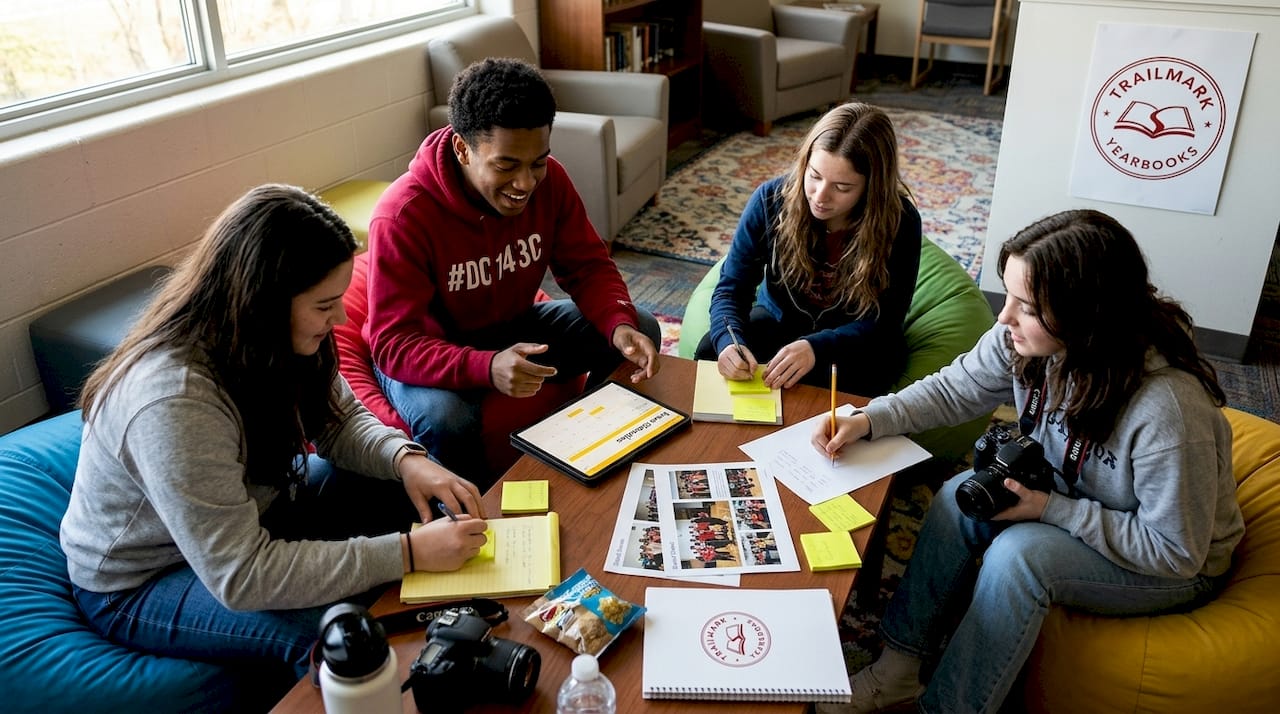 Student team organizing yearbook assignments