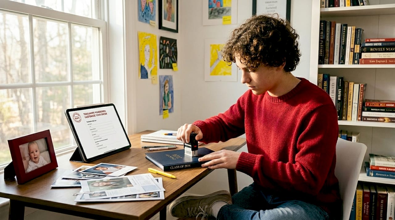 Student adding personalized name stamp to yearbook cover