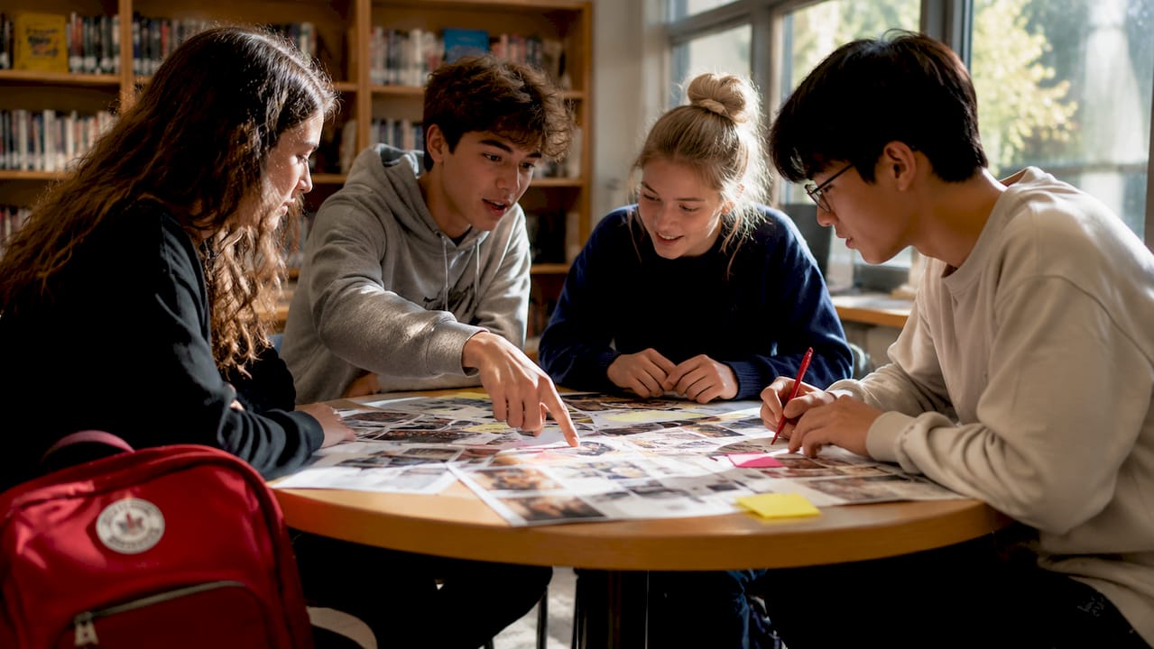 Students editing yearbook layouts together in class