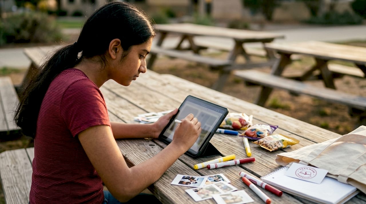 Student editing yearbook template on tablet