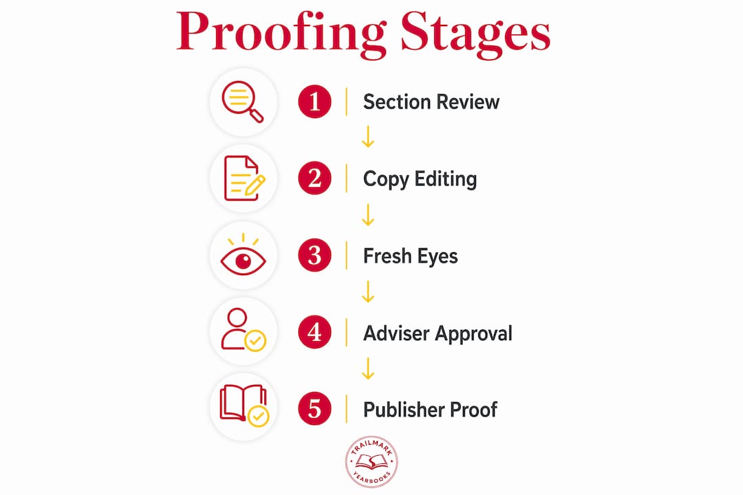 Infographic illustrating yearbook proofing stages
