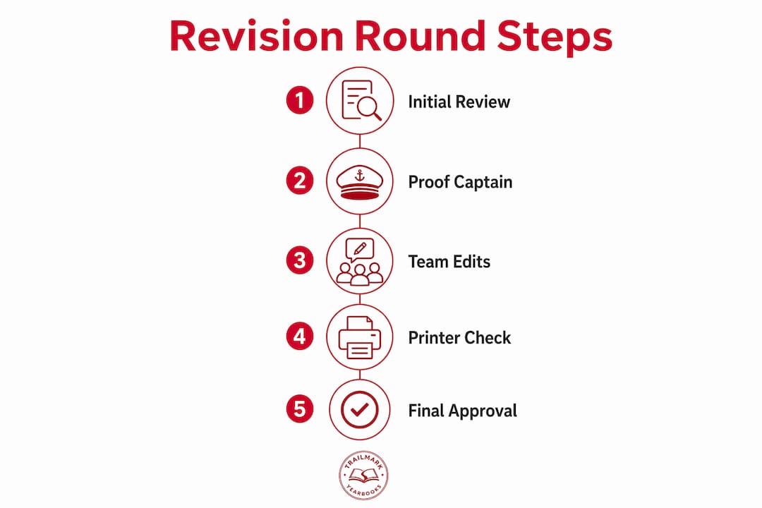 Infographic showing key steps of yearbook revision process