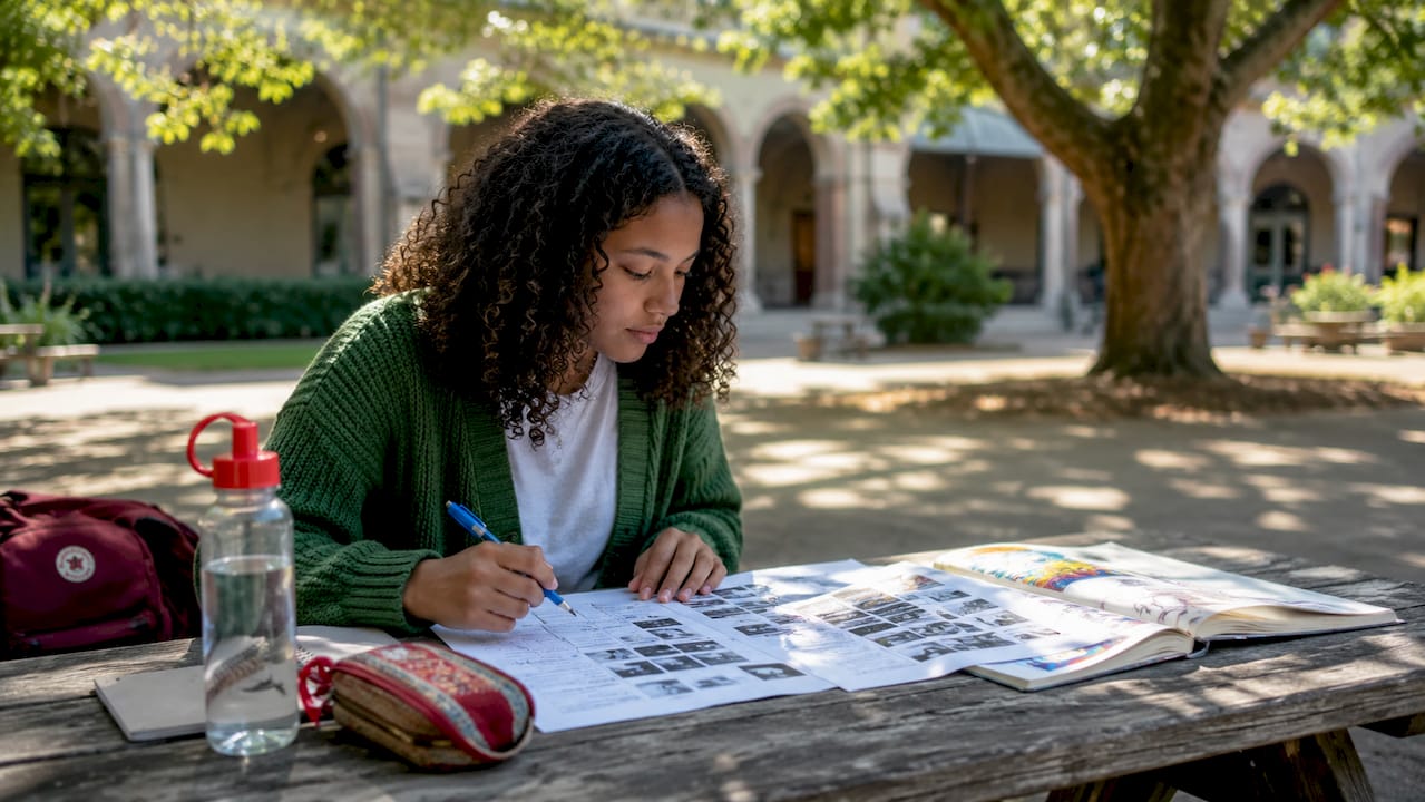Student hands marking corrections on yearbook pages