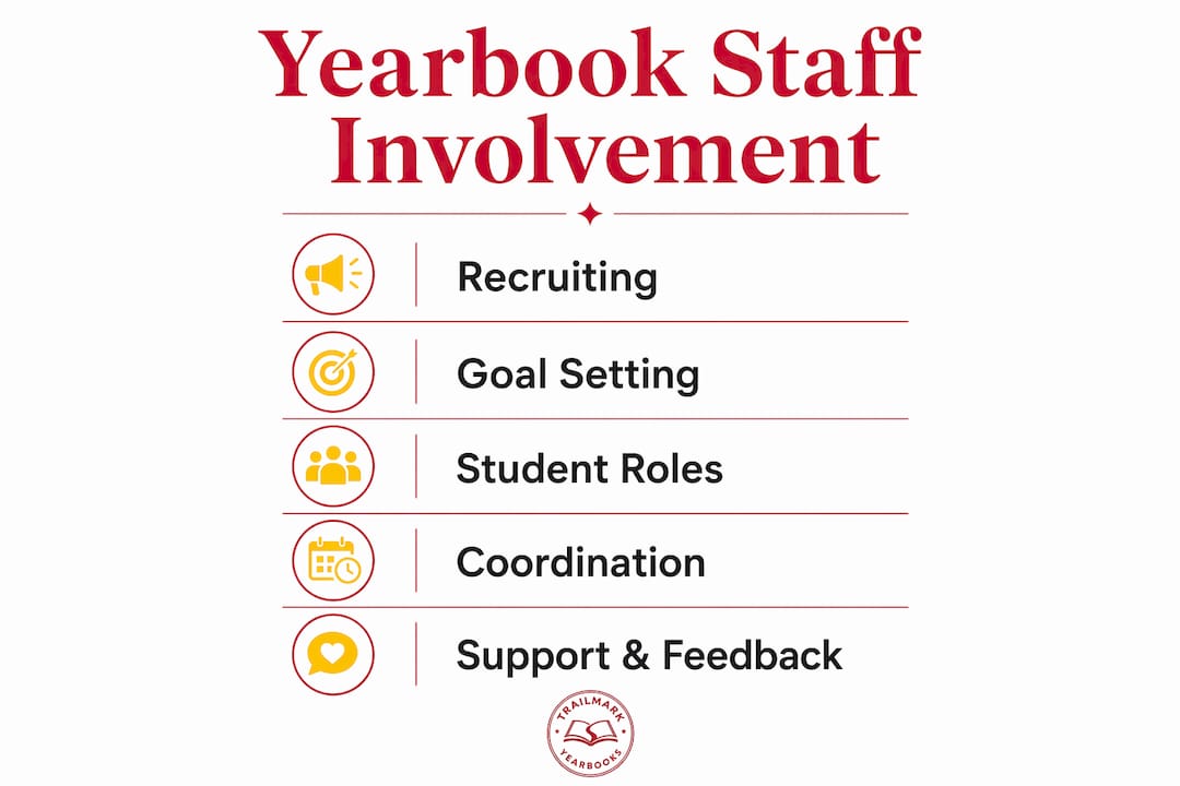 Infographic showing steps to build yearbook staff involvement