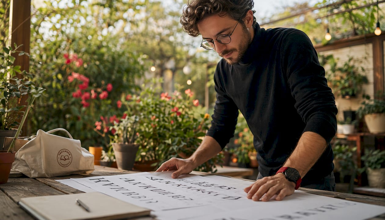 Designer comparing printed Serif fonts in studio
