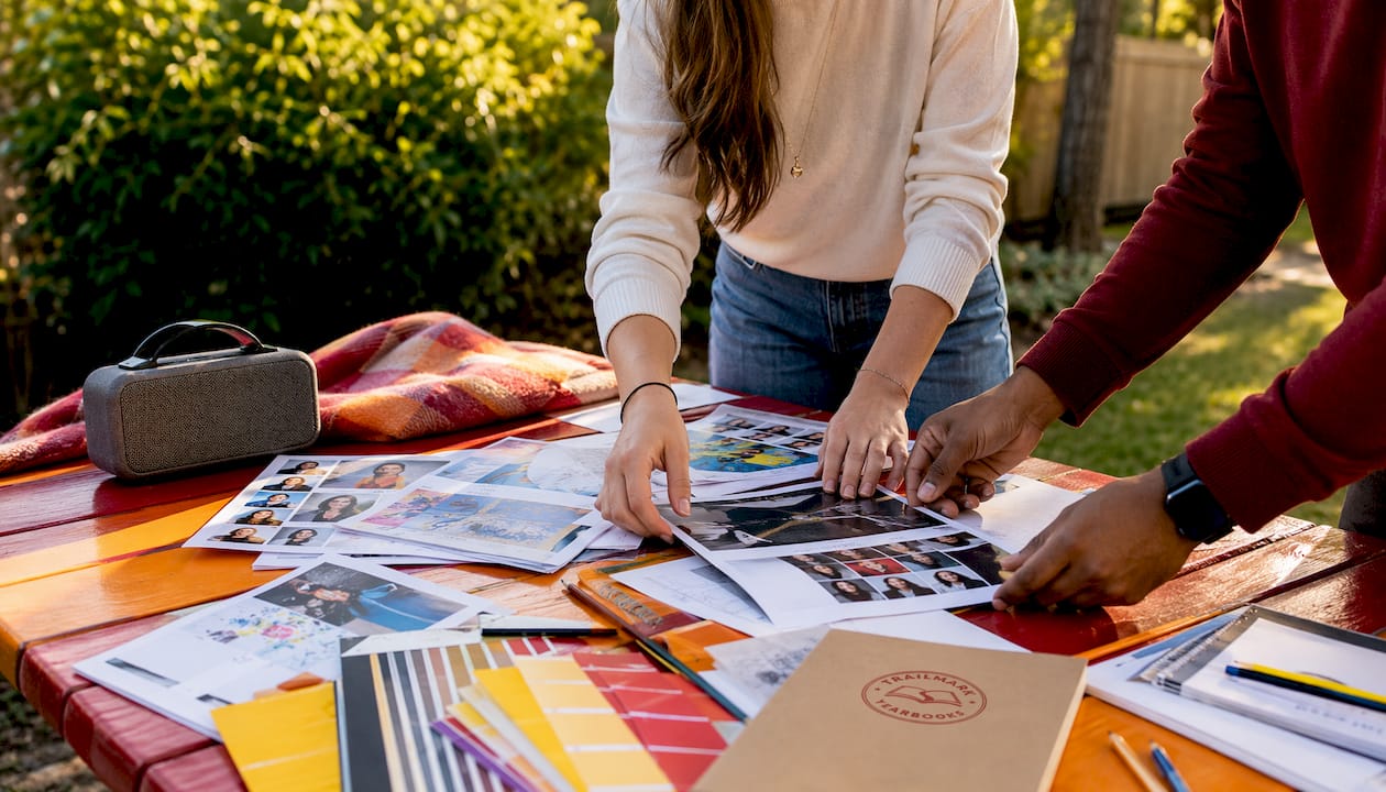 Hands arranging yearbook editorial layouts