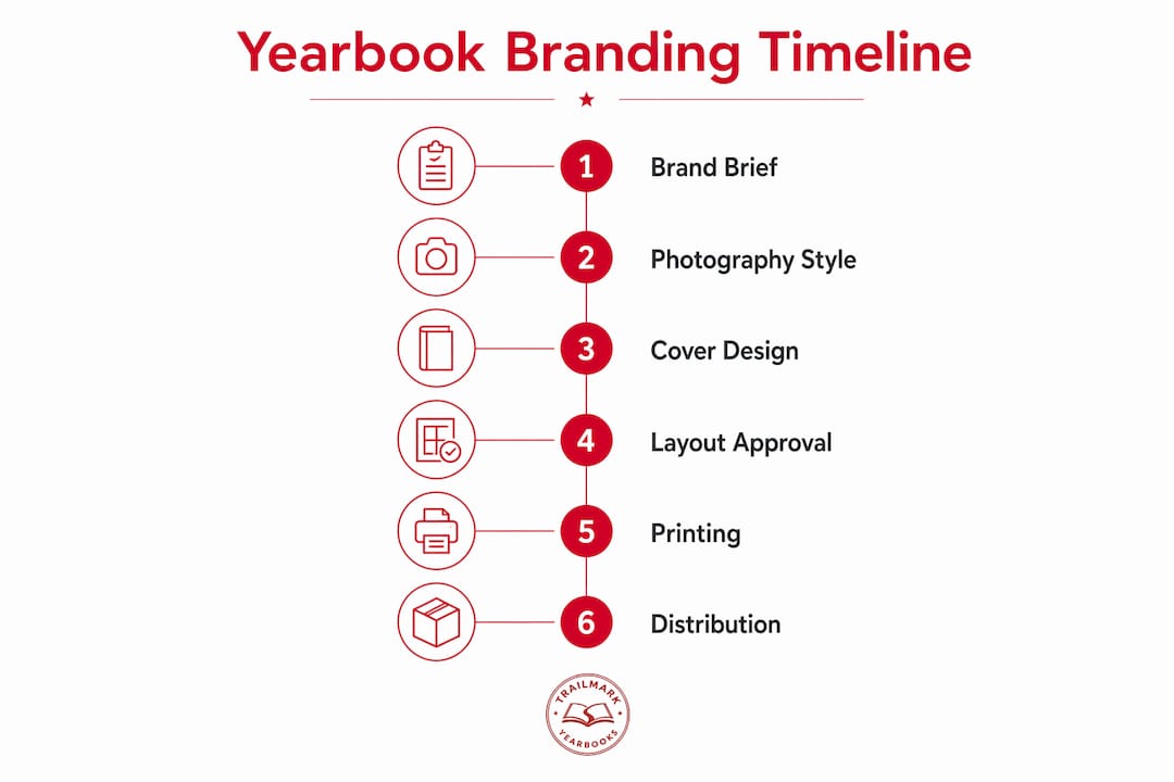 Infographic illustrating yearbook branding timeline steps