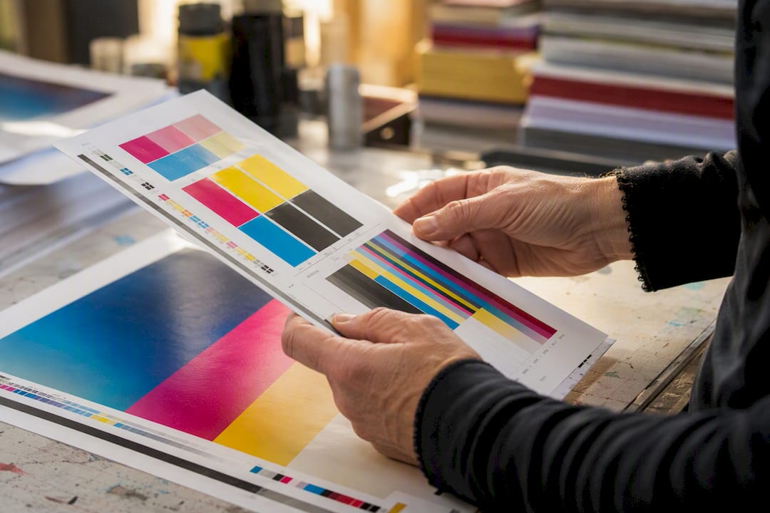 Hands holding CMYK color proof sheet