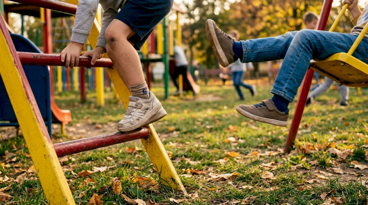 Children playing on colorful playground equipment