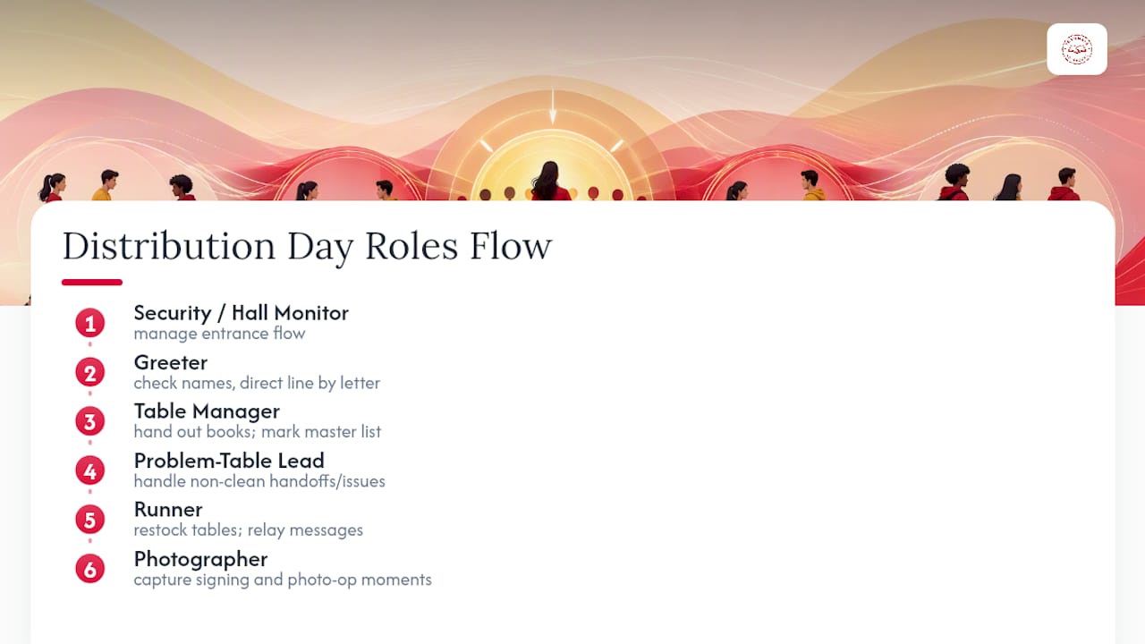 Six roles in a yearbook distribution team