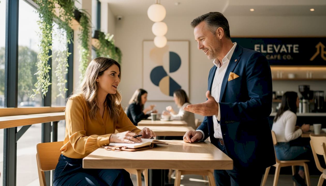Owner and coach planning on coworking space whiteboard