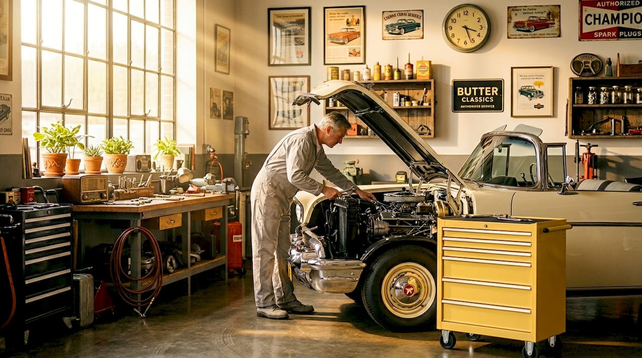 Mechanic inspecting vintage car in home garage