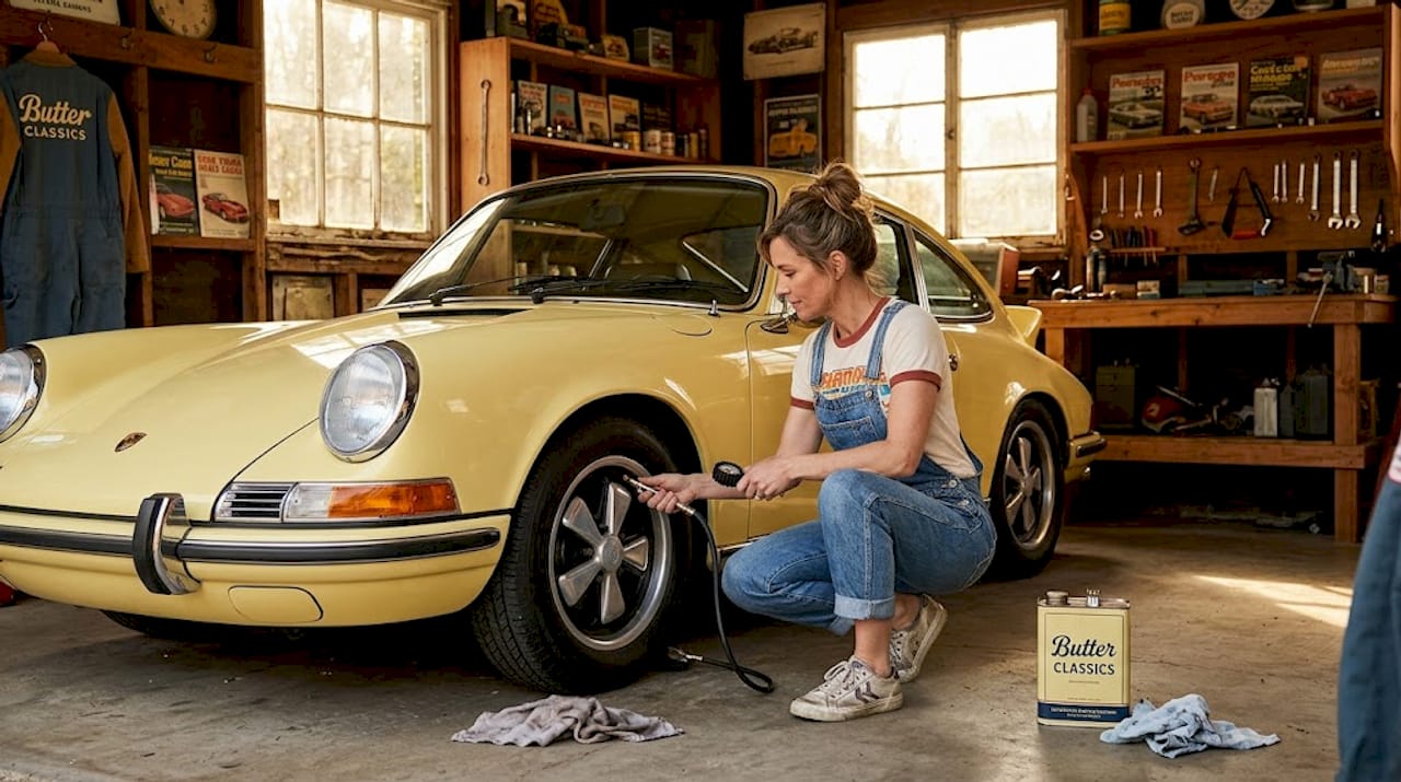 Woman checks vintage Porsche tire in garage