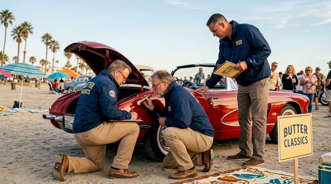 Classic car judges inspecting engine and trim