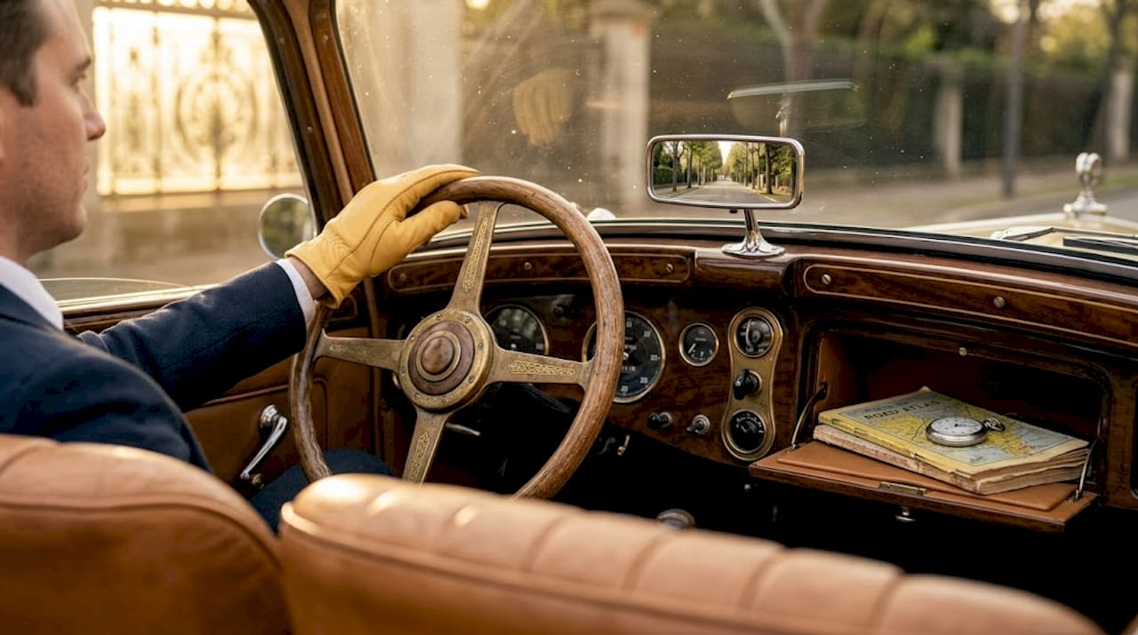 Close-up vintage luxury car interior and details