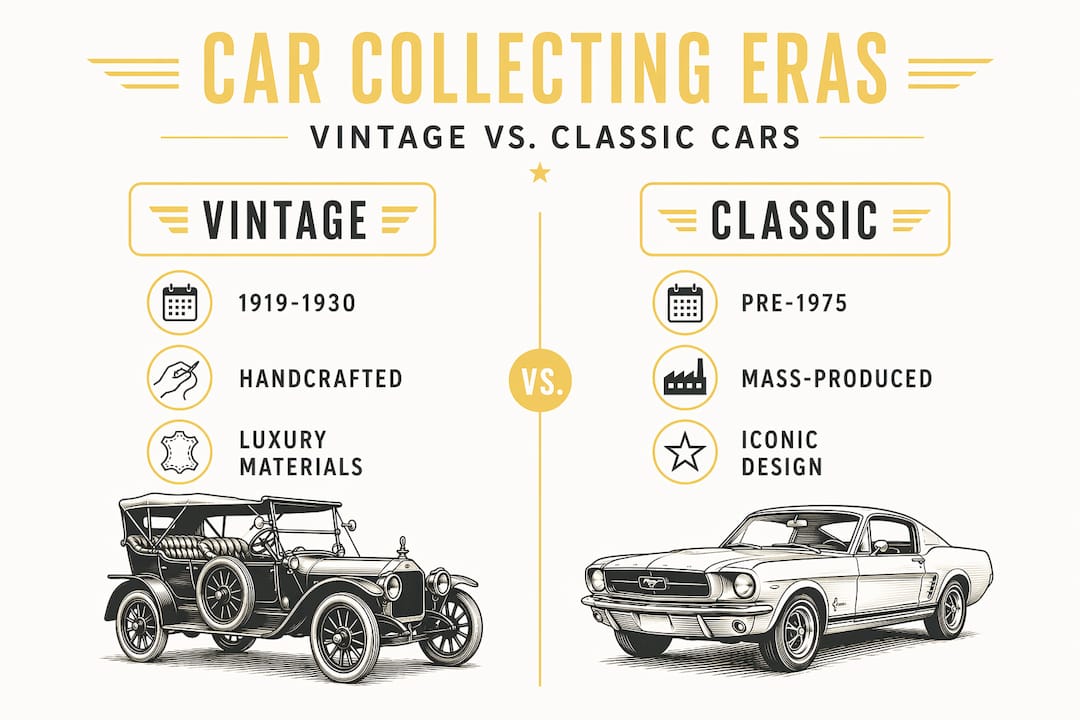 Infographic comparing vintage and classic car era features