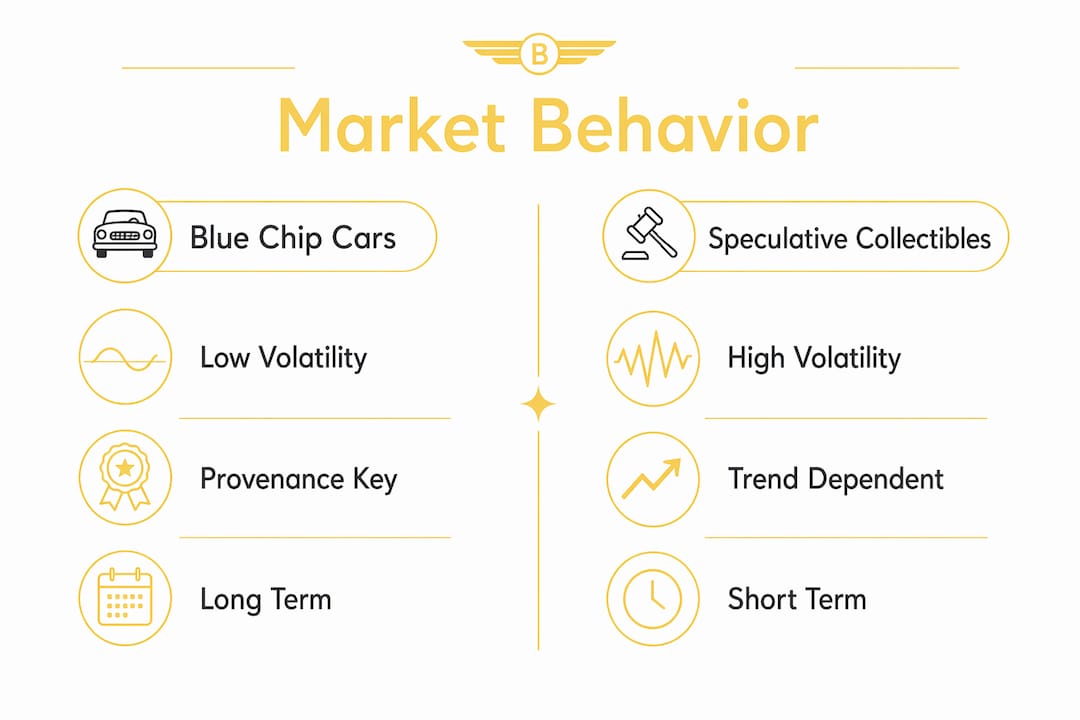 Infographic comparing blue chip cars to speculative collectibles