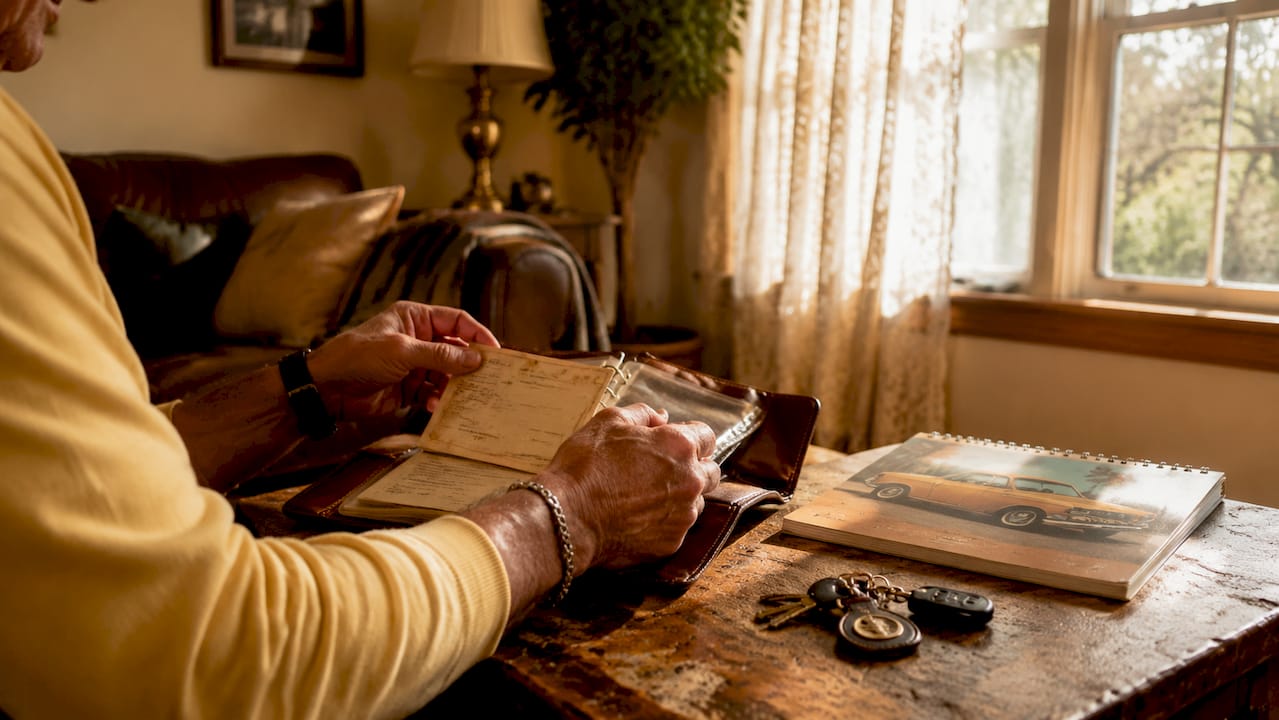 Hands reviewing classic car ownership files