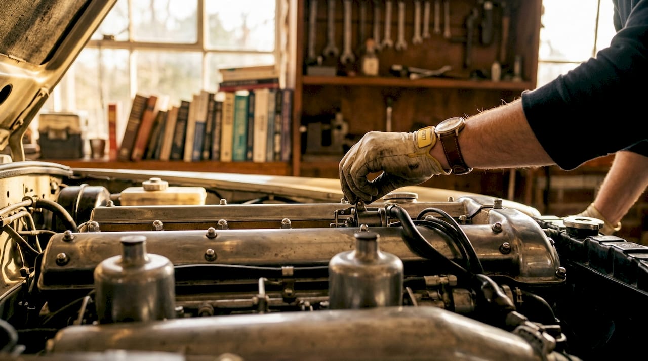Close-up of classic car engine with hands