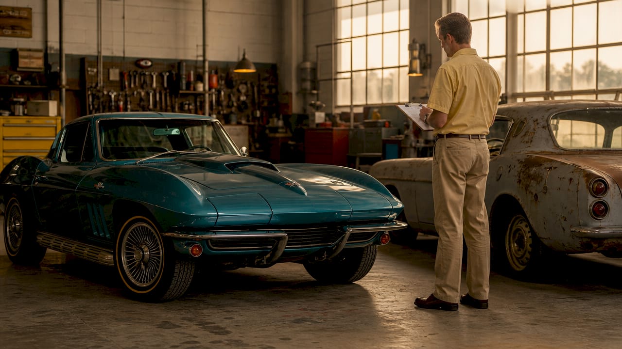 Showroom displaying rare collectible cars in varied condition