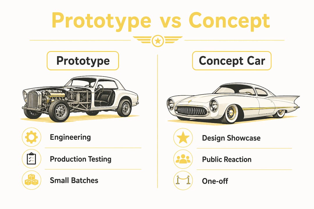Infographic comparing prototype and concept cars in key aspects