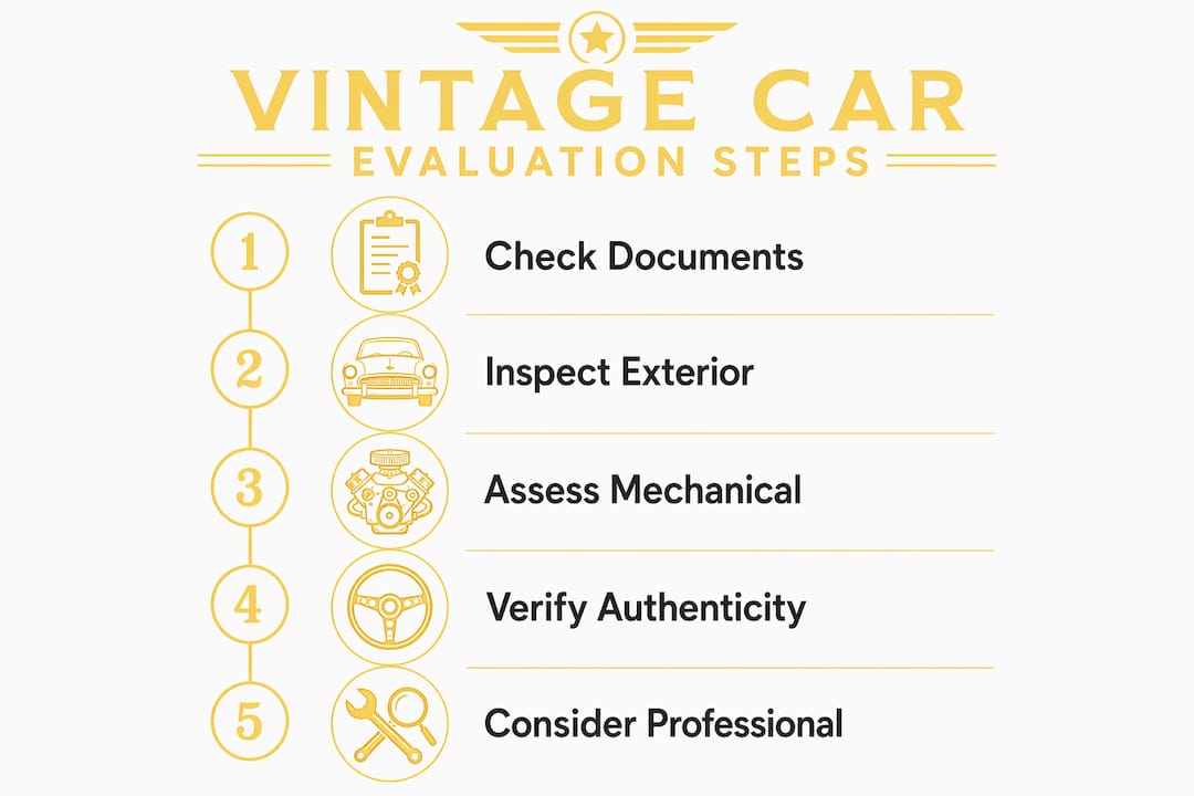 Infographic showing numbered vintage car evaluation steps
