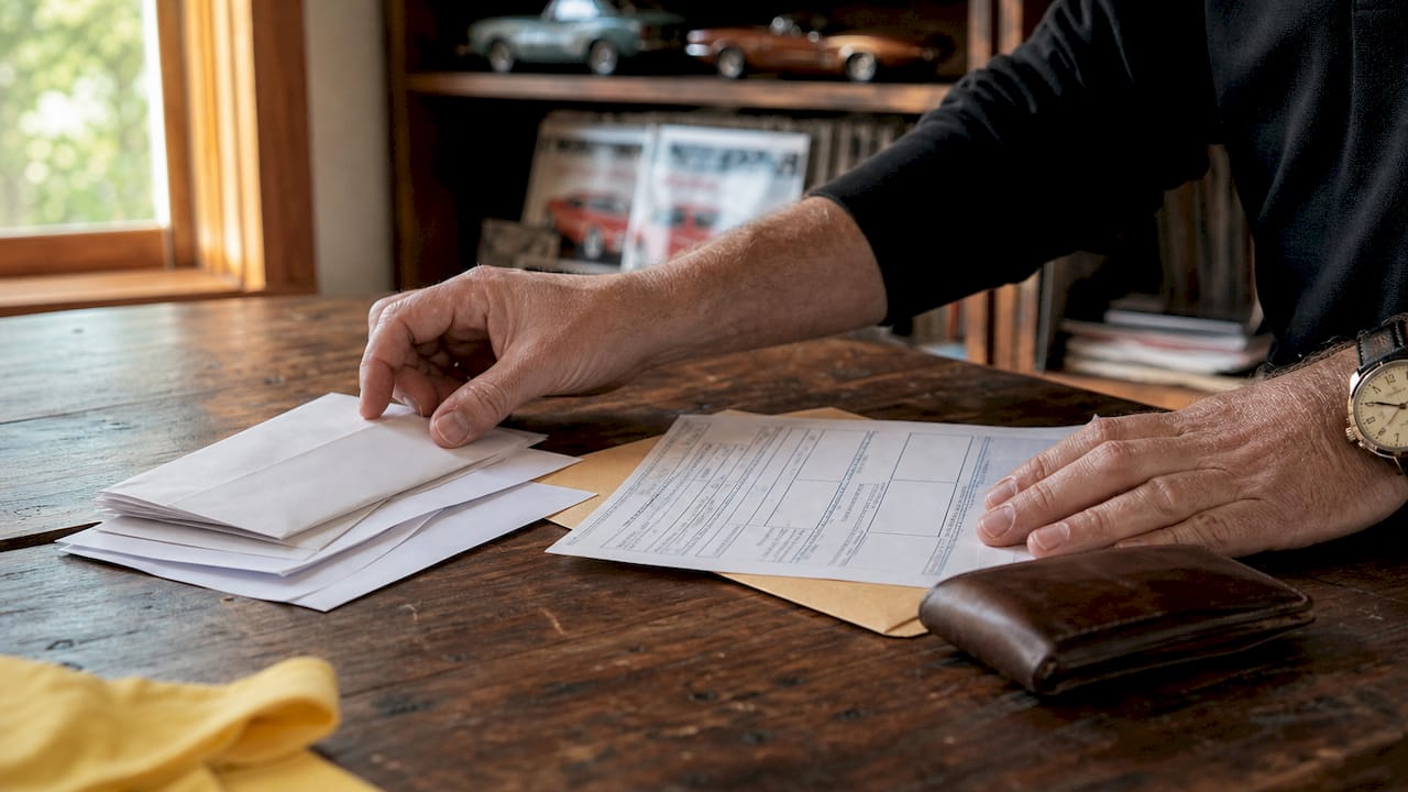 Hands organizing title transfer paperwork on table