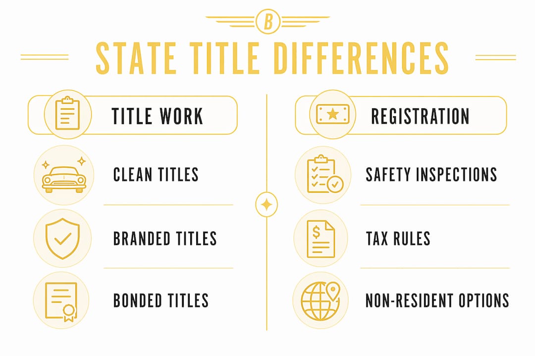 Infographic comparing classic car title and registration differences by state
