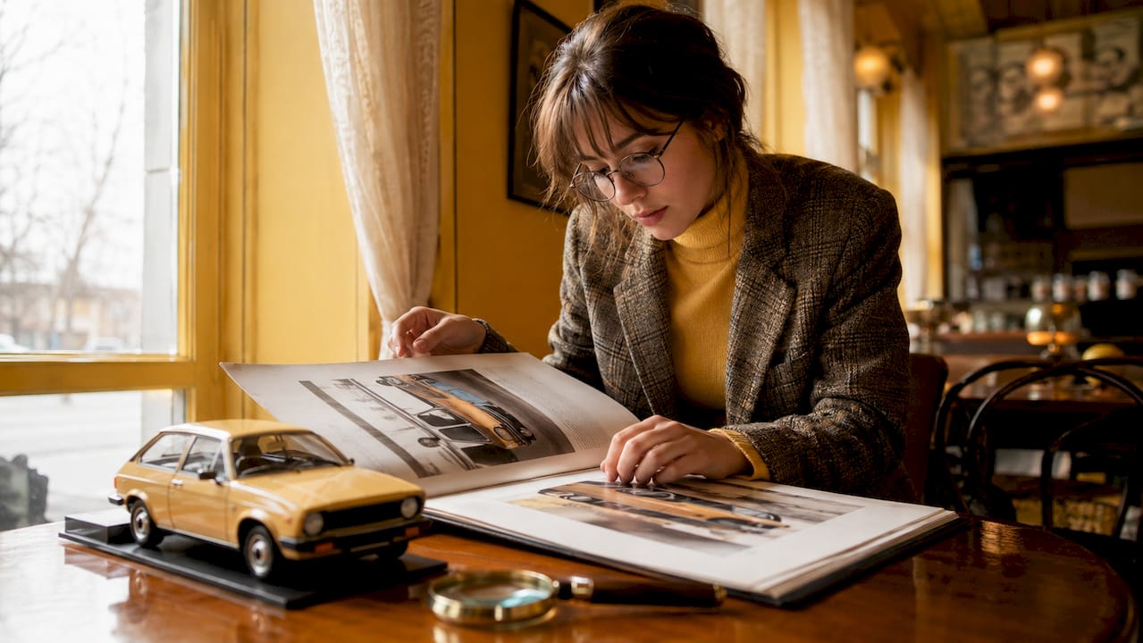 Historian examining classic car design portfolio