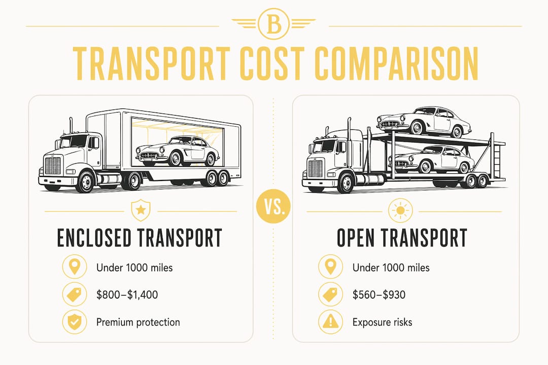 Infographic comparing enclosed vs open classic car transport costs