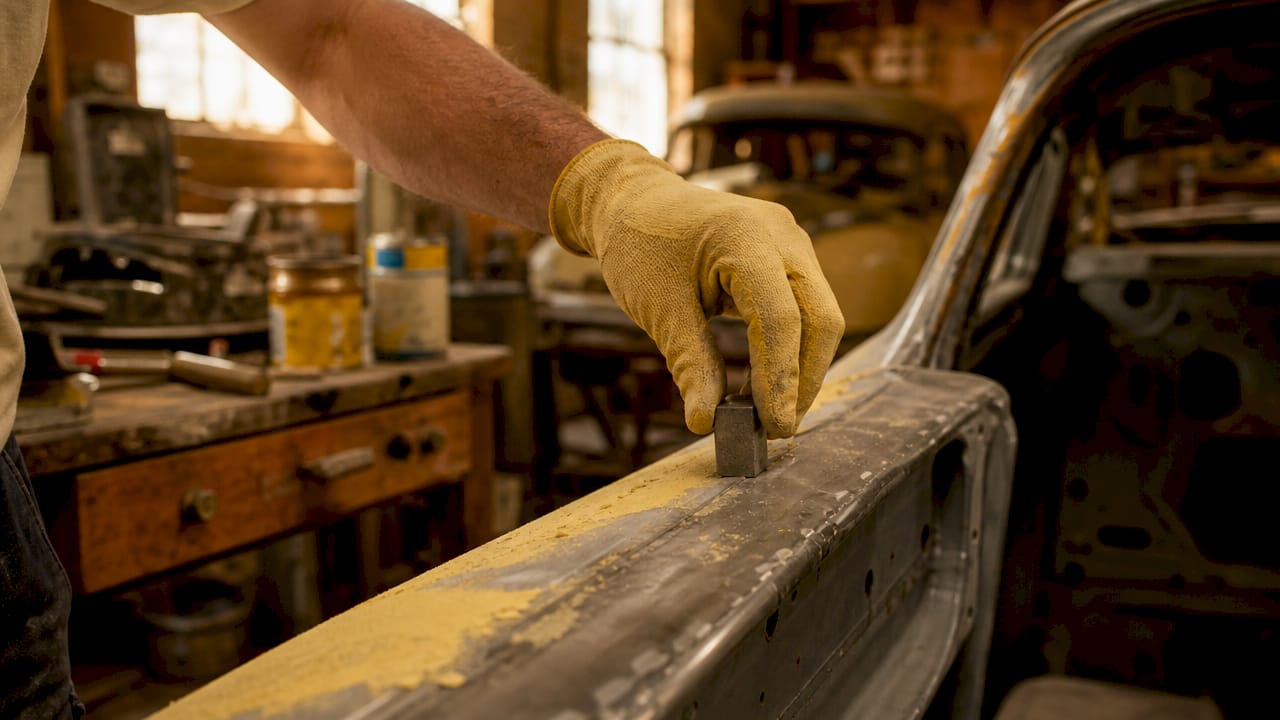 Close-up of magnet testing lead in vintage car seam