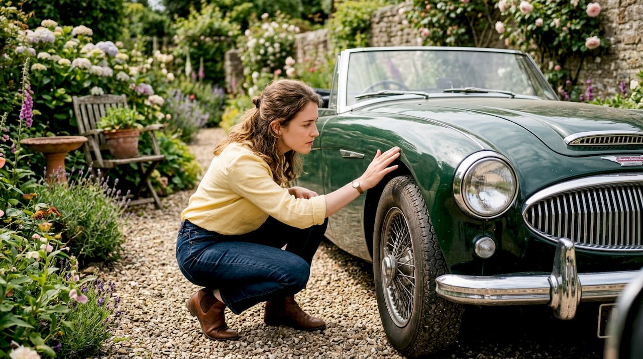 Woman checking classic car body for repairs