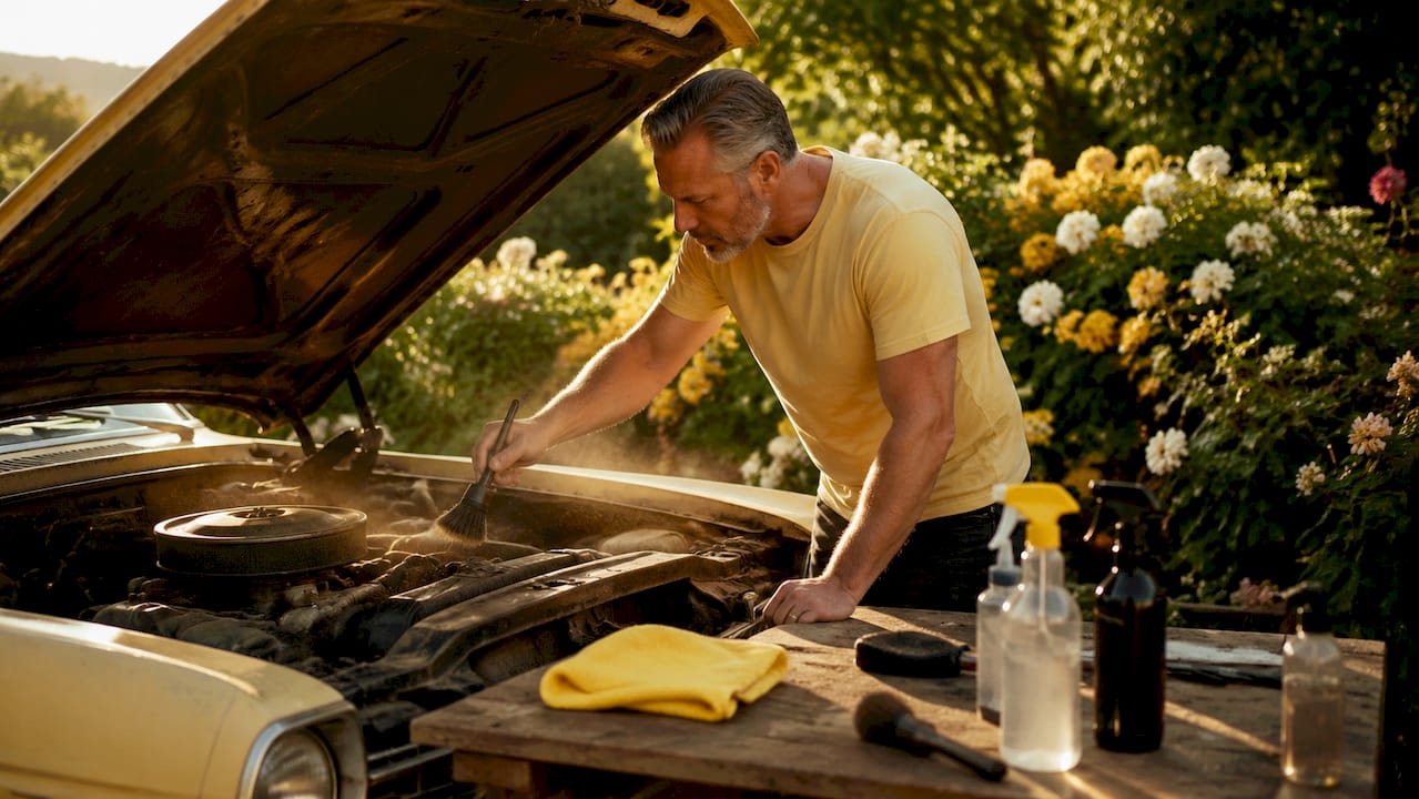 Hands cleaning vintage car engine bay with brush