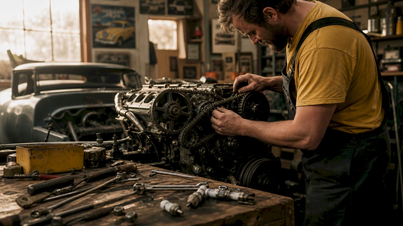 Workbench with vintage car engine and tools