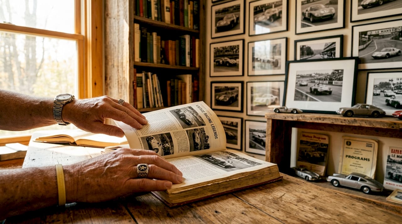 Hands viewing vintage racing history book