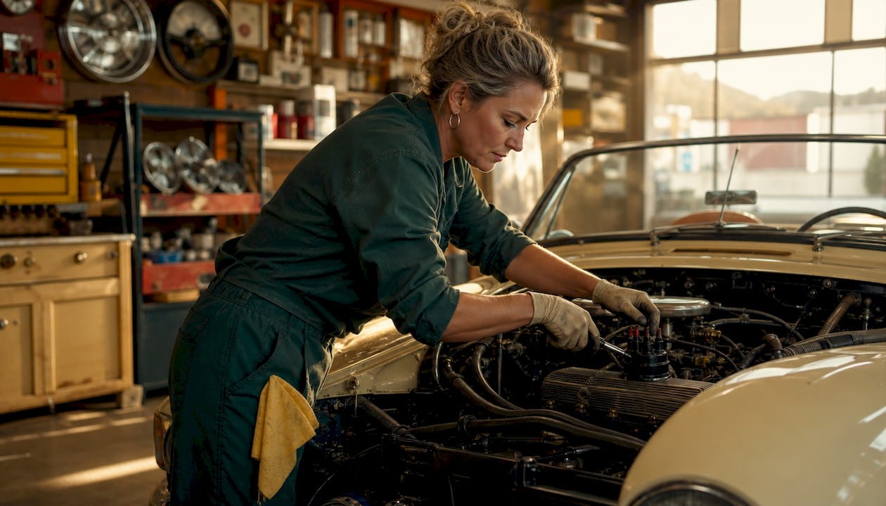 Mechanic tuning engine of classic convertible car