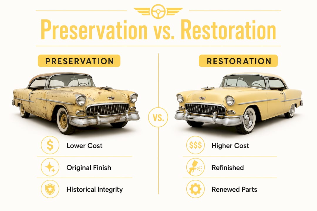 Infographic comparing preservation and restoration in classic cars