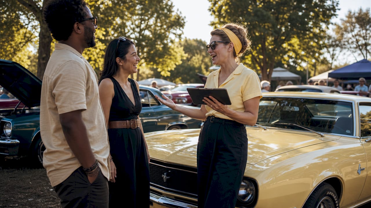 Dealer interacting with classic car enthusiasts outdoors
