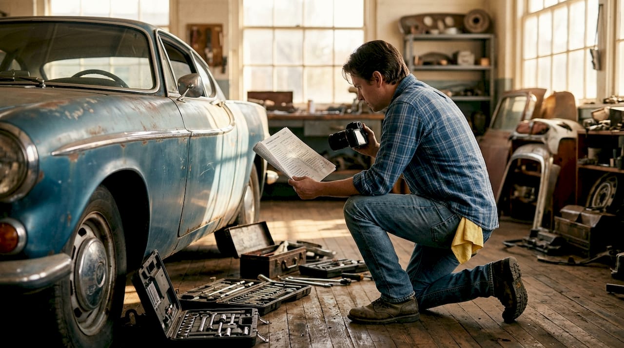 Hands holding inspection checklist next to vintage car