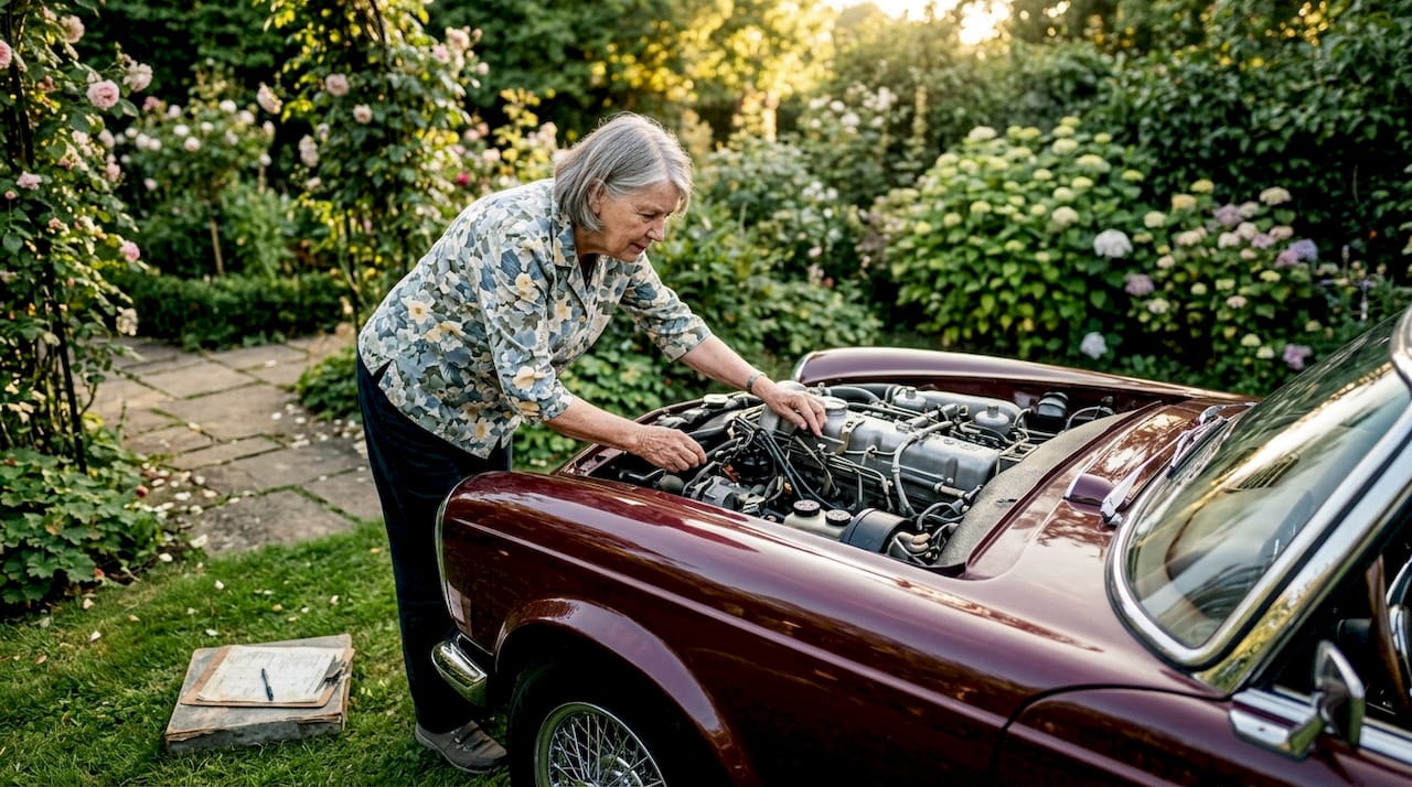 Woman inspecting engine of vintage convertible car