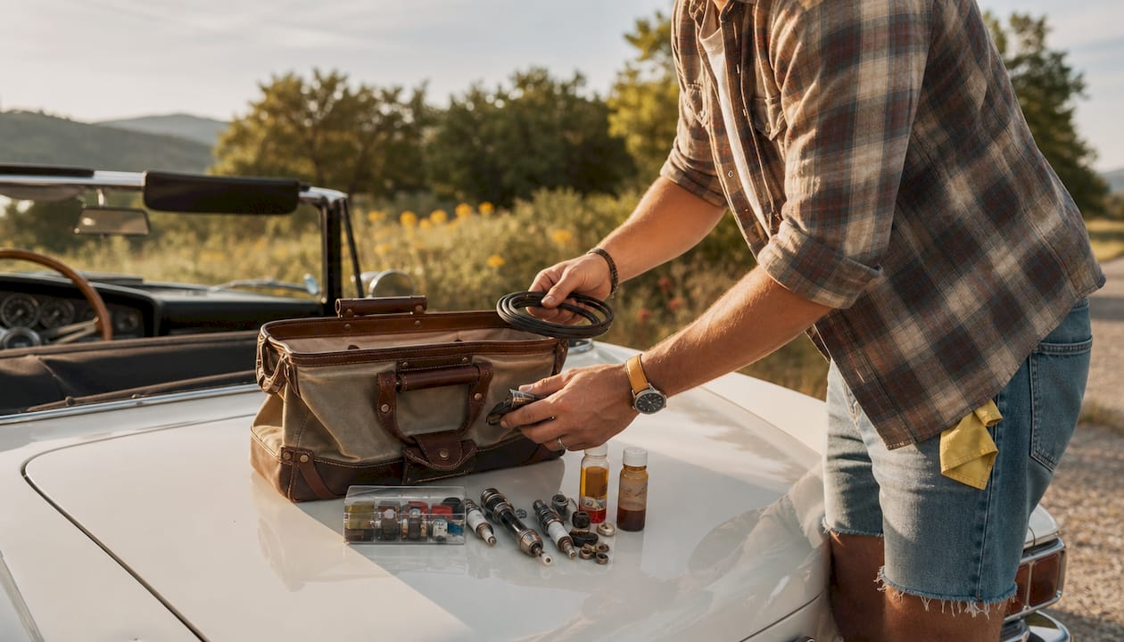 Hands packing vintage car emergency kit inside vehicle
