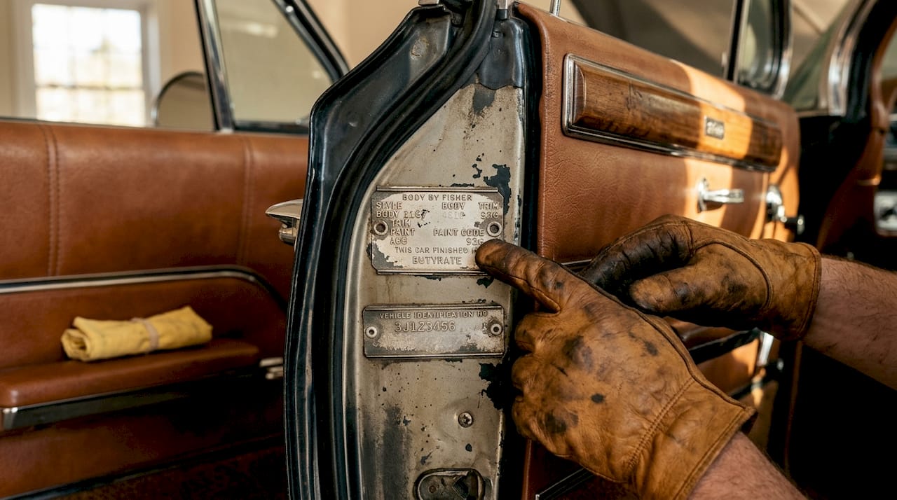 Close-up of trim tag and VIN plate on classic car