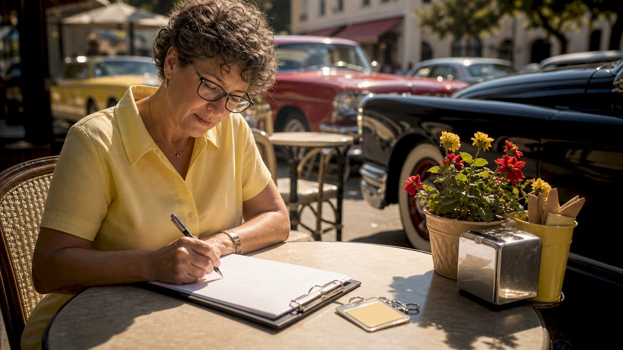 Woman filling vintage car registration form outdoors