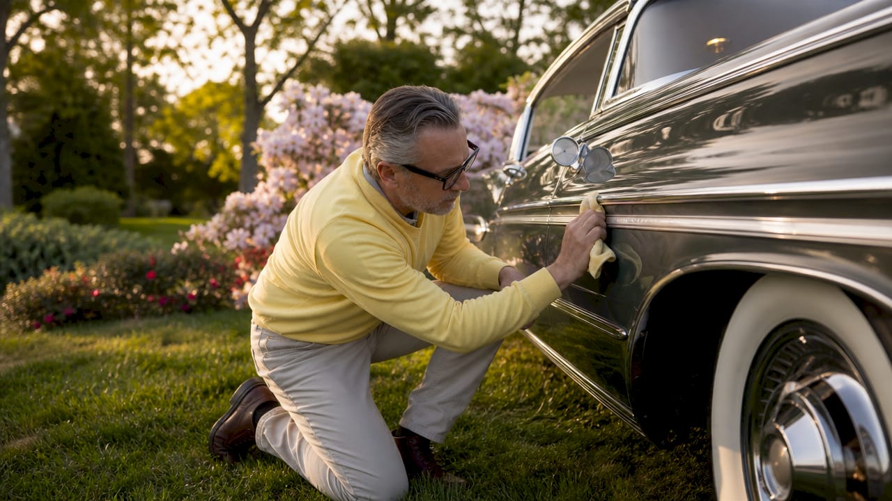Collector inspecting vintage car chrome trim closely