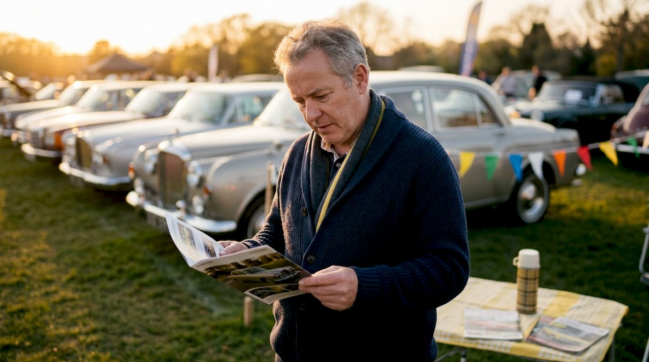 Collector reading vintage car brochure indoors