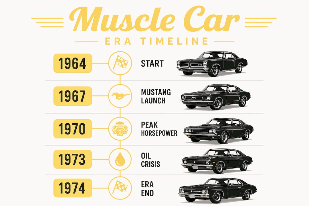 Timeline infographic of key muscle car war milestones