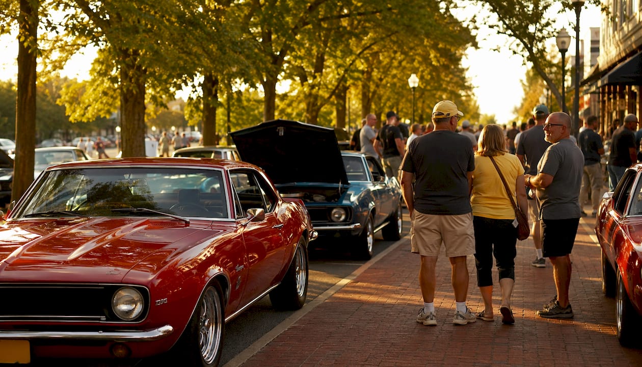 Blue 1965 Ford Mustang and other muscle coupes at car meet.